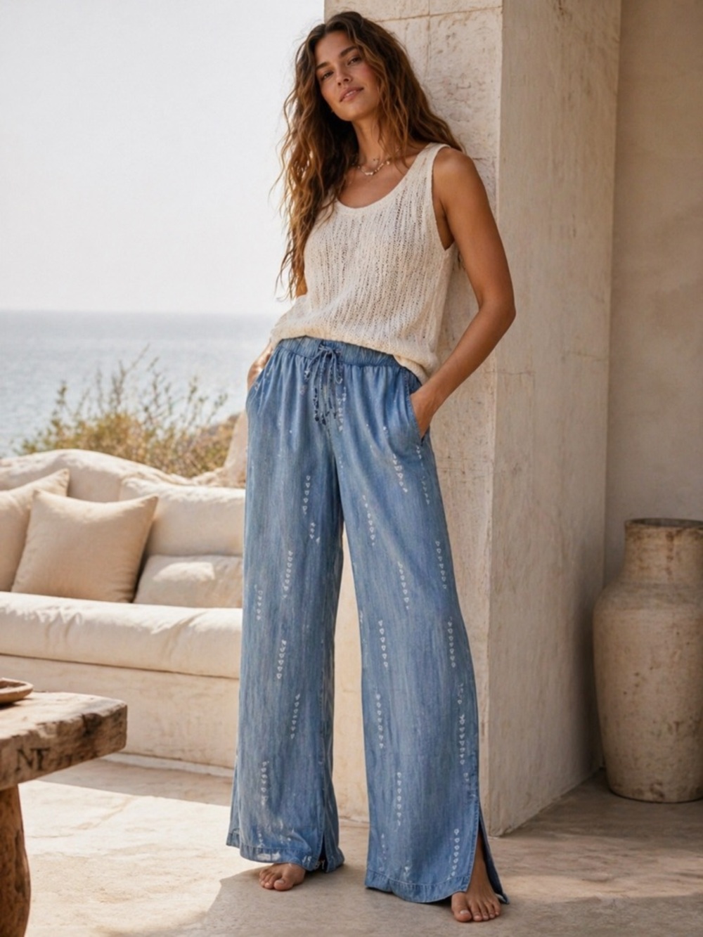 Anthropologie Blue Tie-Waist Wide-Leg Pants